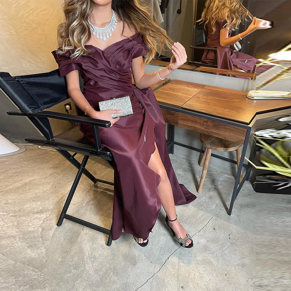 MOLISA Aangepaste Sweetheart Uit de Schouder Split Vooraan Avondjurk Temperament Paneel Trein Plooien Paars Robe de soirée