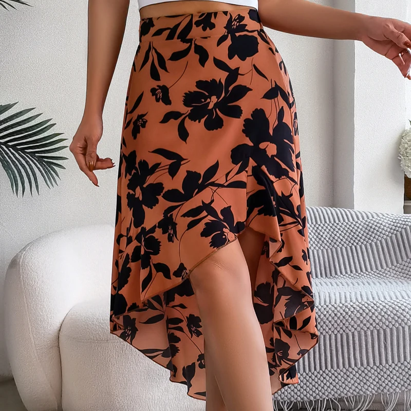 

Vintage Floral High-Waisted Irregular Skirt Casual Loose Skirt Women 2026 Spring Summer European Styie Printing Mid-Calf Skirts