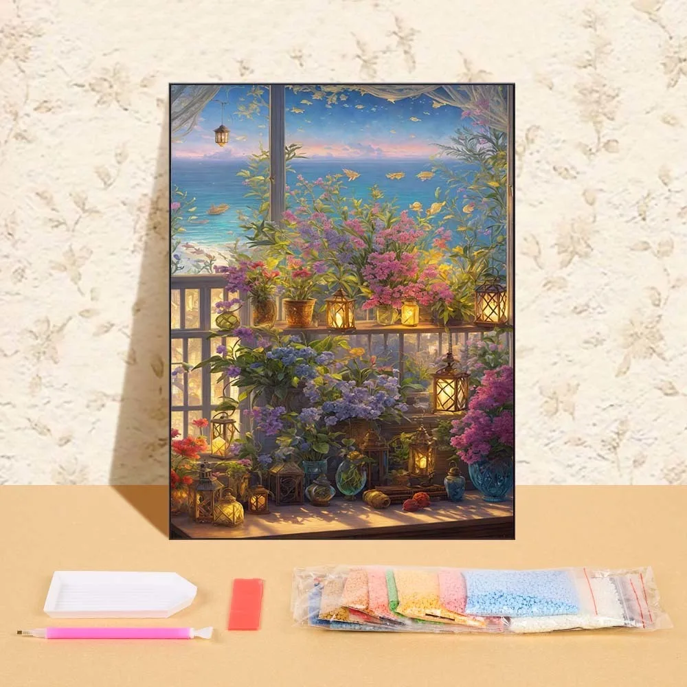 

Diamond Mosaic Flowers Window Craft Supplies Full Round DIY Diamond Painting Seaside Landscape Picture Rhinestone Handmade Hobby
