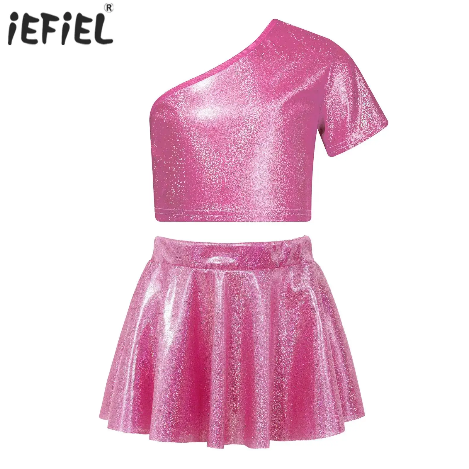 Kids Girls Latin Jazz Dance Sets Cheerleading Performance Costume One Shoulder Short Sleeve Metallic Crop Top with Skirt Outfits