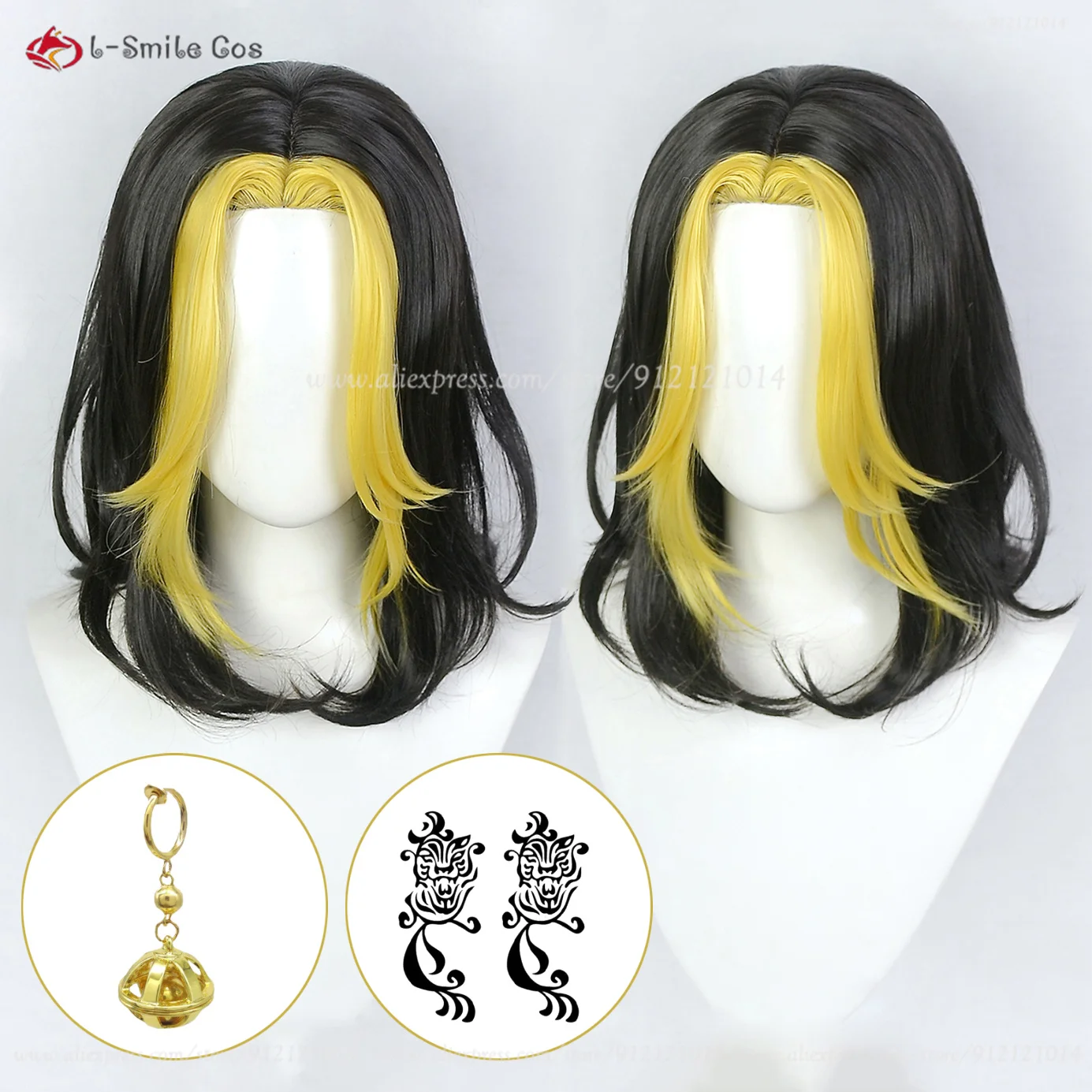 Anime Hanemiya Kazutora Peruca Cosplay, Cabelo Sintético Resistente ao Calor, Parte Média Dourada, Cabelo Comprido, Adesivos, Preto