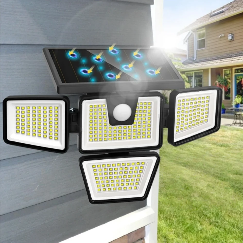 4 Heads Solar Security Flood Lights, 300 LED Motion Sensor Solar Outdoor Lights, IP65 Waterproof for Garden Yard Patio