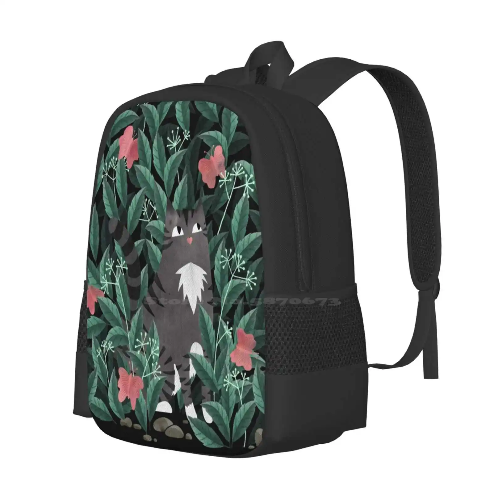 Butterfly Garden ( Tabby Cat Version ) Bag Backpack For Men Women Girls Teenage Tabby Tiger Pet Butterfly Nature Leaves Plants