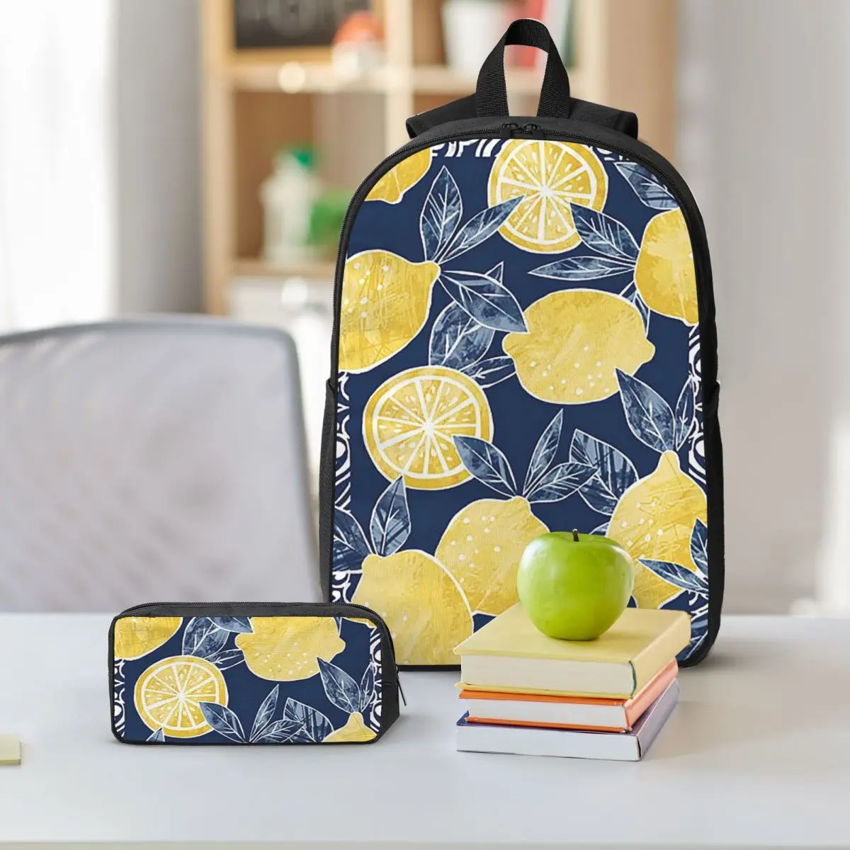 Lemon And Floral Pattern Backpack Student BookBag School Bag Shoulder Bags 3ps Insulated Lunch Bag Pencil Case