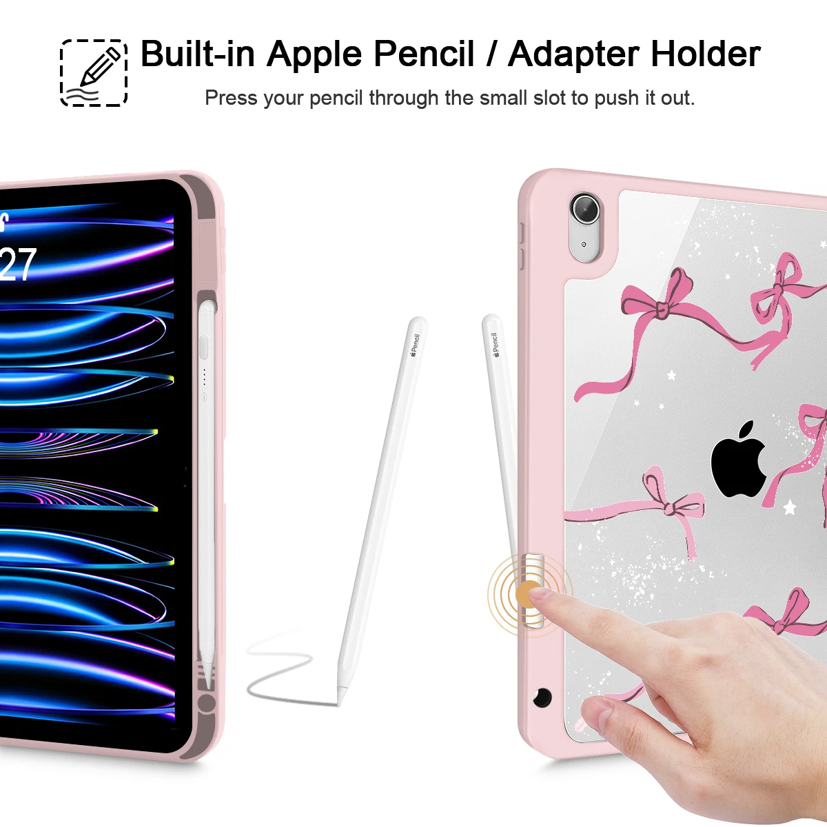 เคส Bow-Pink สำหรับ iPad 11 นิ้ว A16 รุ่นปี 2025 รุ่นที่ 11 / iPad 10.9 นิ้ว รุ่นที่ 10 / 12.9 นิ้ว รุ่นปี 2025 Pro 11 13 M4 2025 Air 4 Air 15