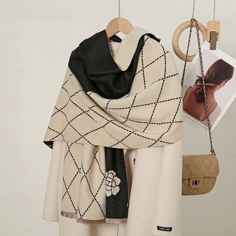 

Autumn Winter Versatile Warm Wrap Scarf Camellia Rhombic Jacquard Scarf Elegant Stylish Imitation Cashmere Fringe Shawl Women
