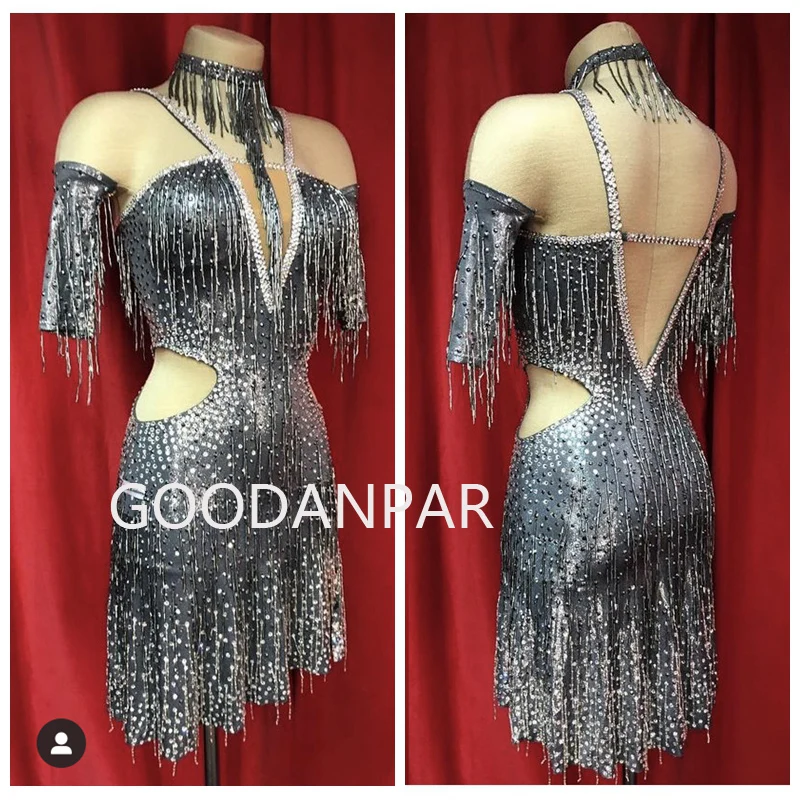 

GOODANPAR New Style Latin Dance Dress Women Girls sexy Salsa Samba Rumba Costume Sexy Dresses gray