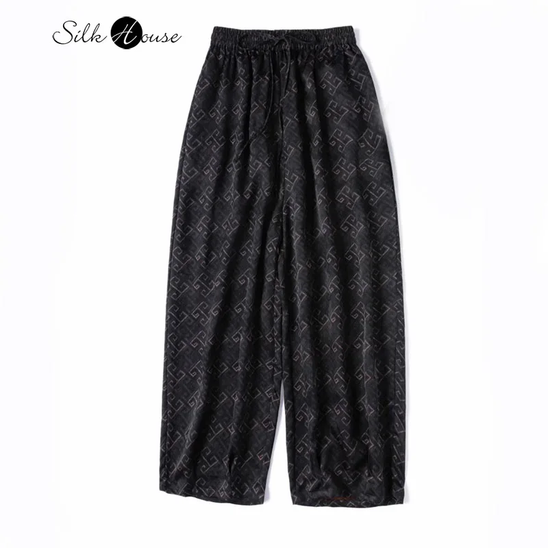 

Breathable Cool 100% Natural Mulberry Silk Jacquard Gambiered Guangdong Gauze Elastic Waist Women's Loose Fashion Harun Pants