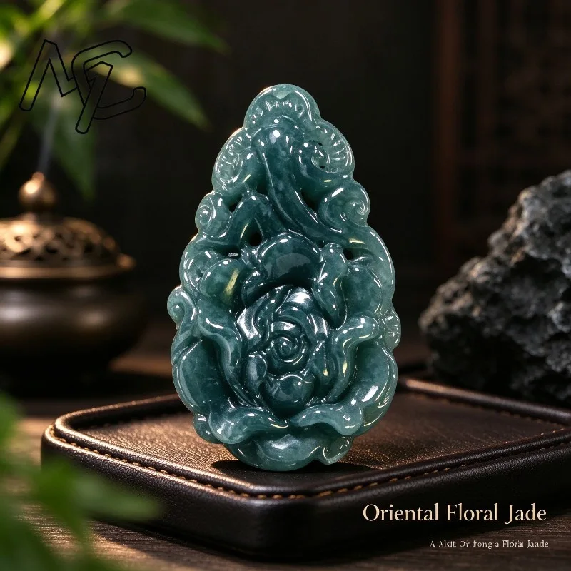 Natural A Grade Burmese Blue Water Jadeite Pendant Hand Carved Peony Flower Amulet Jade Floral Necklace Charm Lucky Jewelry Gift 2