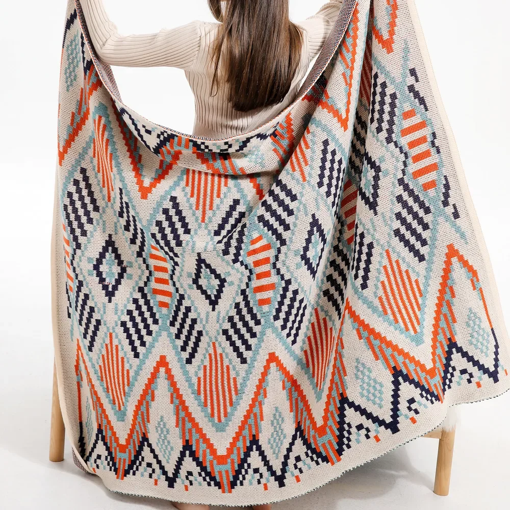 Boho Geometric Throw Blanket Vintage Aztec Knit Sofa Cover with Tribal Diamond Pattern Colorful Ethnic Woven Tapestry Home Decor