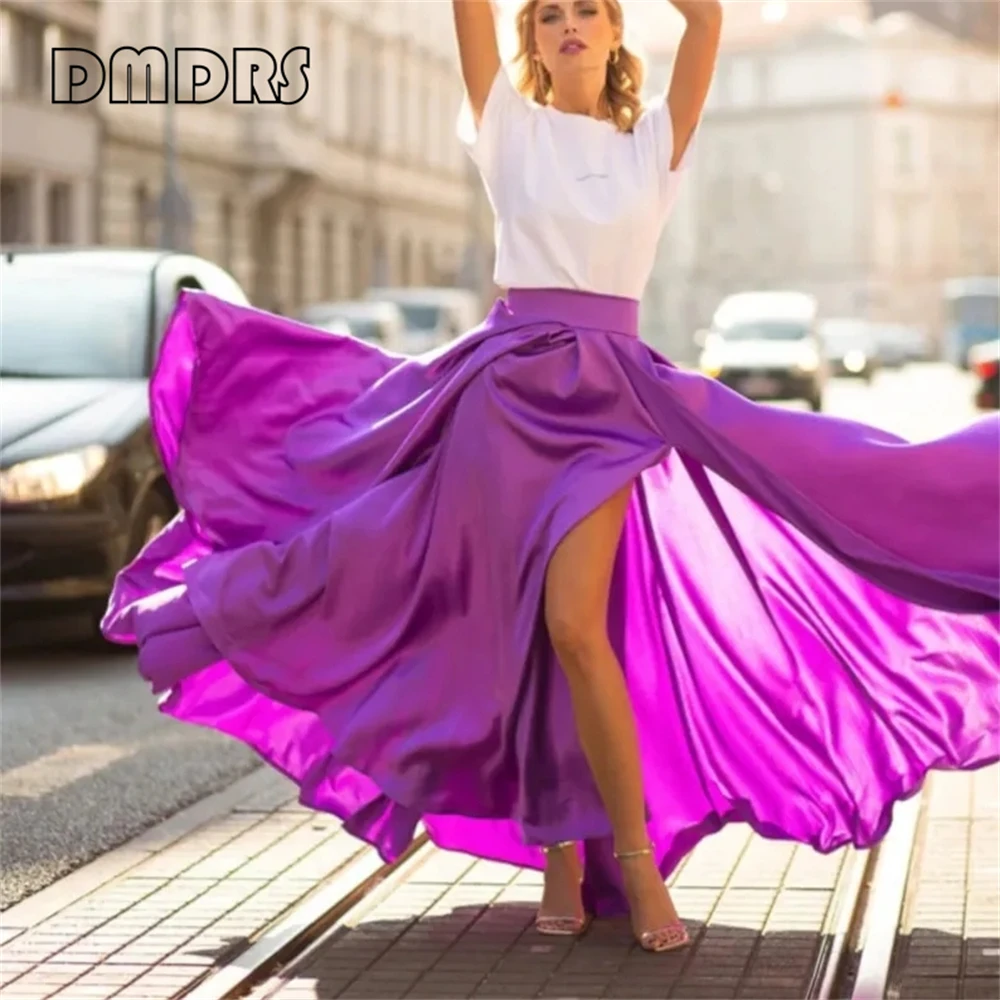 Satin Slit Skirt Elegant Midi Dress High Waist Skirt Party Outfit Dress Women's Circle Flowy Skirt For Women Summer Dress