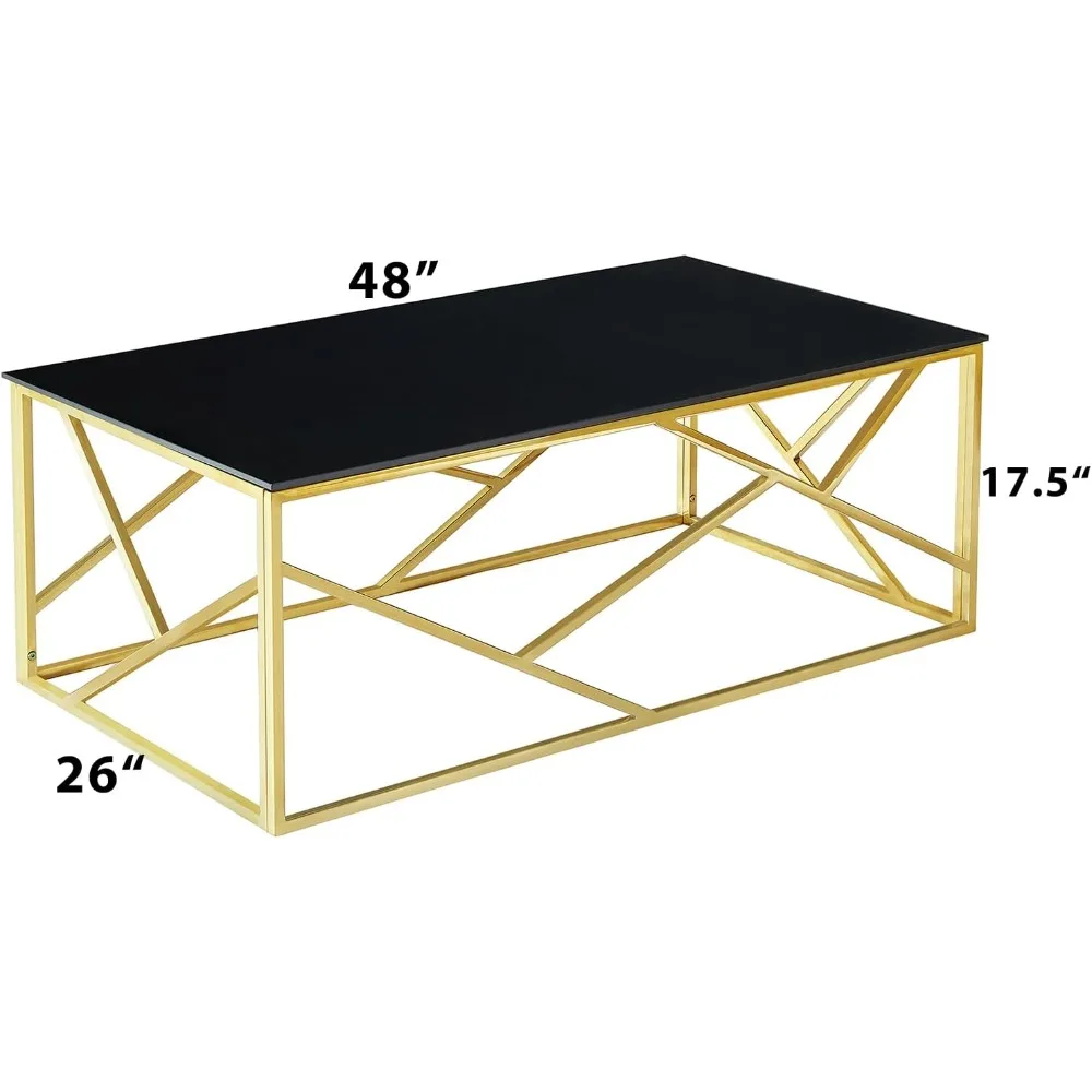 Modern Minimalist Tempered Glass Rectangle Coffee Table with Gold Metal Frame for Living Room