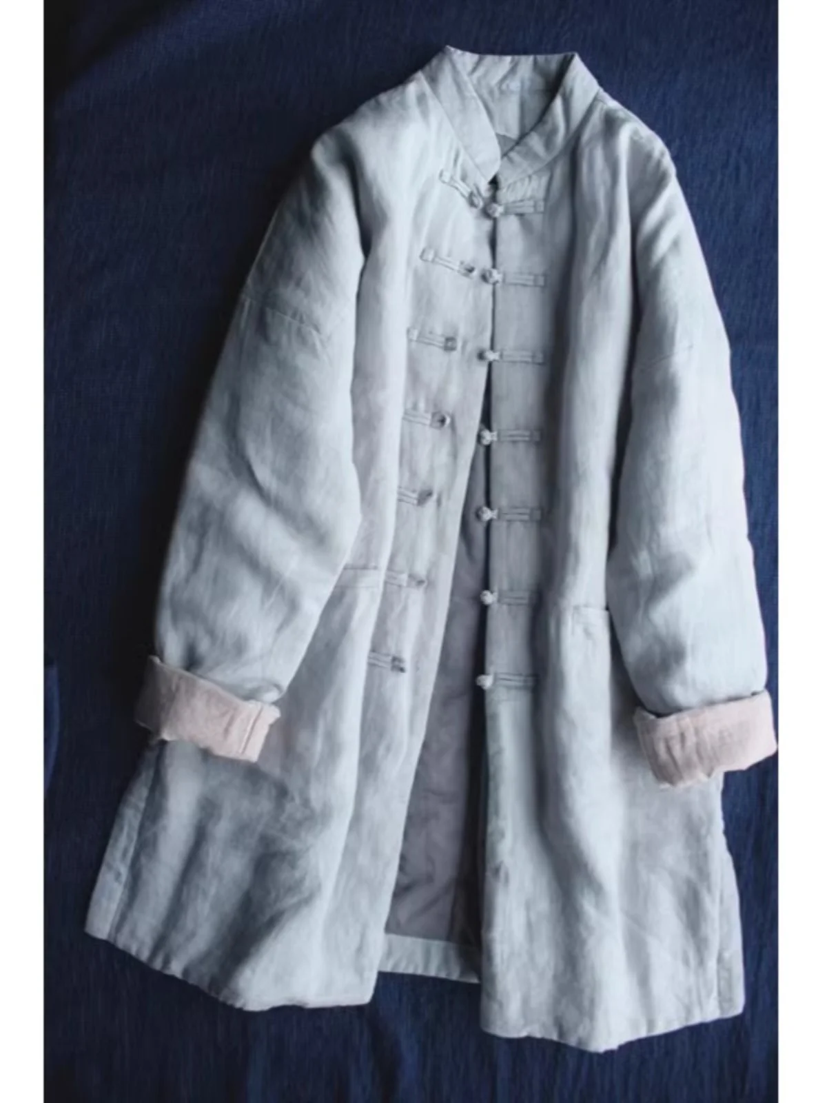 

Retro Chinese Sle Linen Cotton Jaet Women's Mid-Length Button-Up Coat National Sle Gown Long Sve Stand Collar