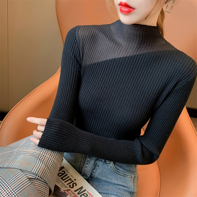 

2024 New Autumn and Winter Long Sleeve Slim Fit Pullovers Sexy Mesh Collar Knit Tops Women Solid Color Sweaters Clothes 29040