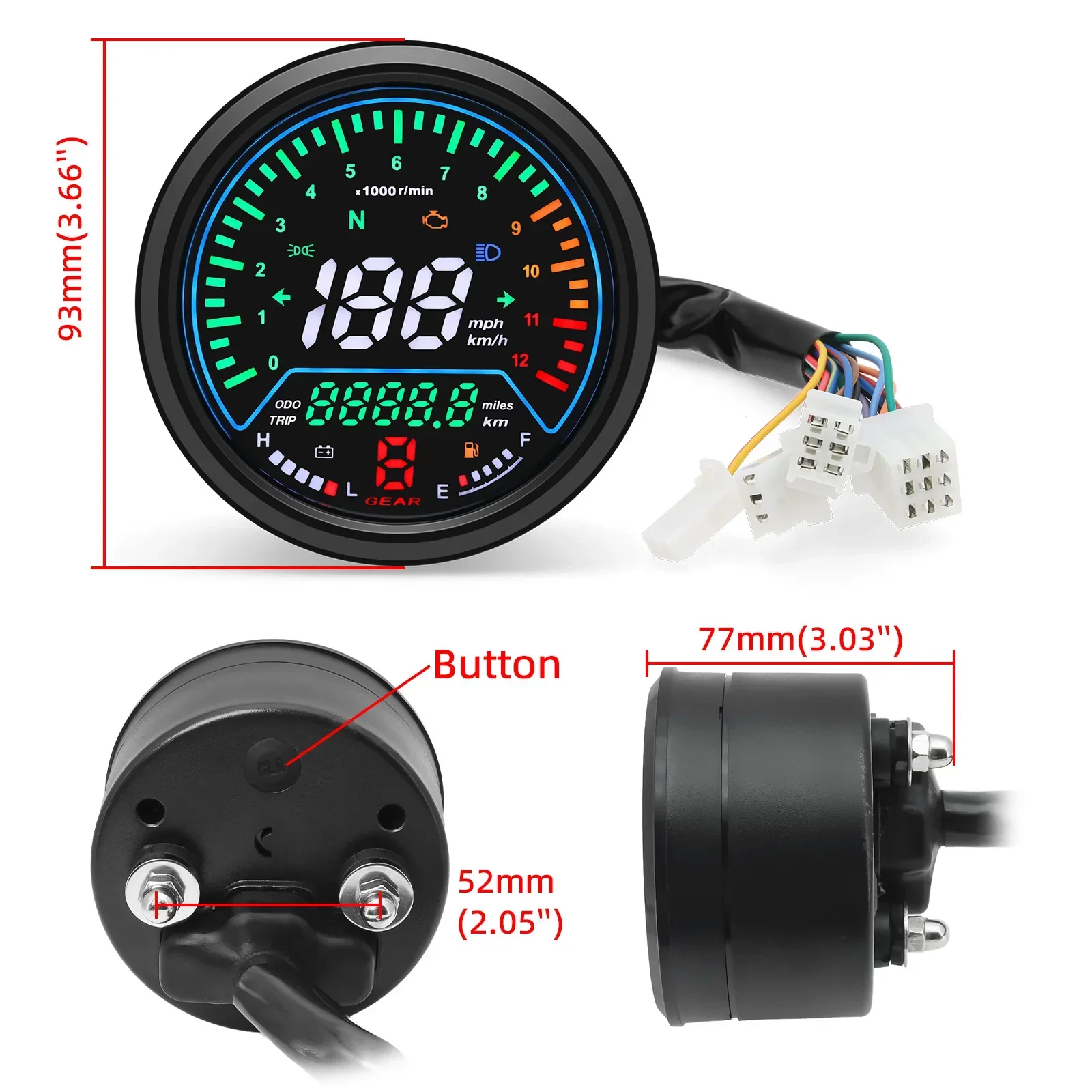 12V Motorcycle Instrument LCD Digital Motorcycle Speedometer Digital Dashboard 12000rpm Odometer Tachometer Voltage