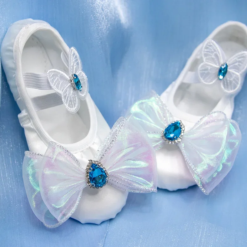 White Bowknot Children Dance Shoe Practice Cat's Claw Shoe Temperament Elegant Ballet Kindergarten Performance Dancing Shoes