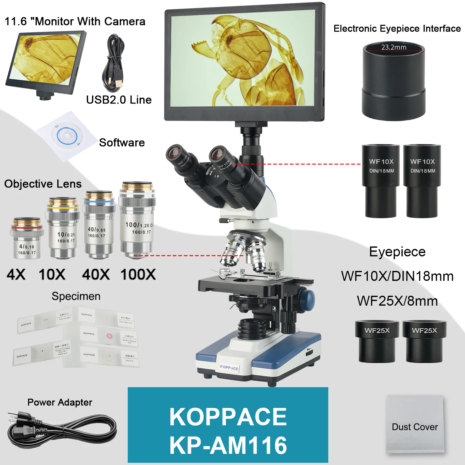 KOPPACE 40X-2500X Electron Compound Lab Microscope 2 Million Pixels 11.6 