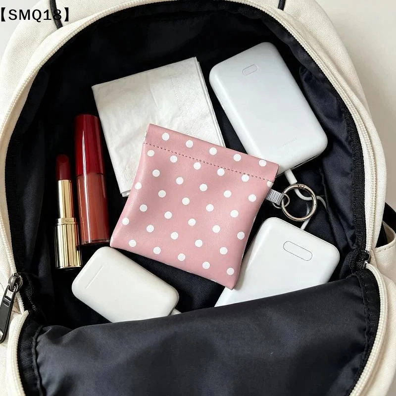 PU Leather Spring-loaded Polka Dot Coin Purse With Key Ring Compact Design For Storing Coins Cards Keys Daily Use【SMQ】