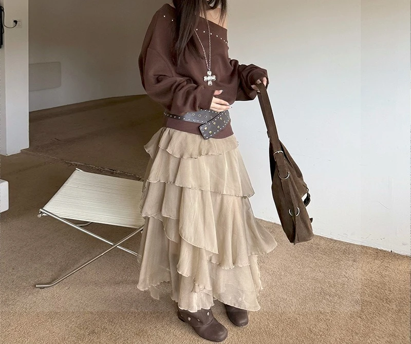Fashionable Street Flowing Micro Transparent Mesh Multi-layer Skirt, Heavy-duty Retro Half Skirt