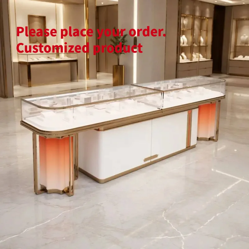 custom.Modern Curved Long Jewelry Showcase White Lacquer Cabinet Gradient Decor Leg Customizable Jewelry Store Display Furniture