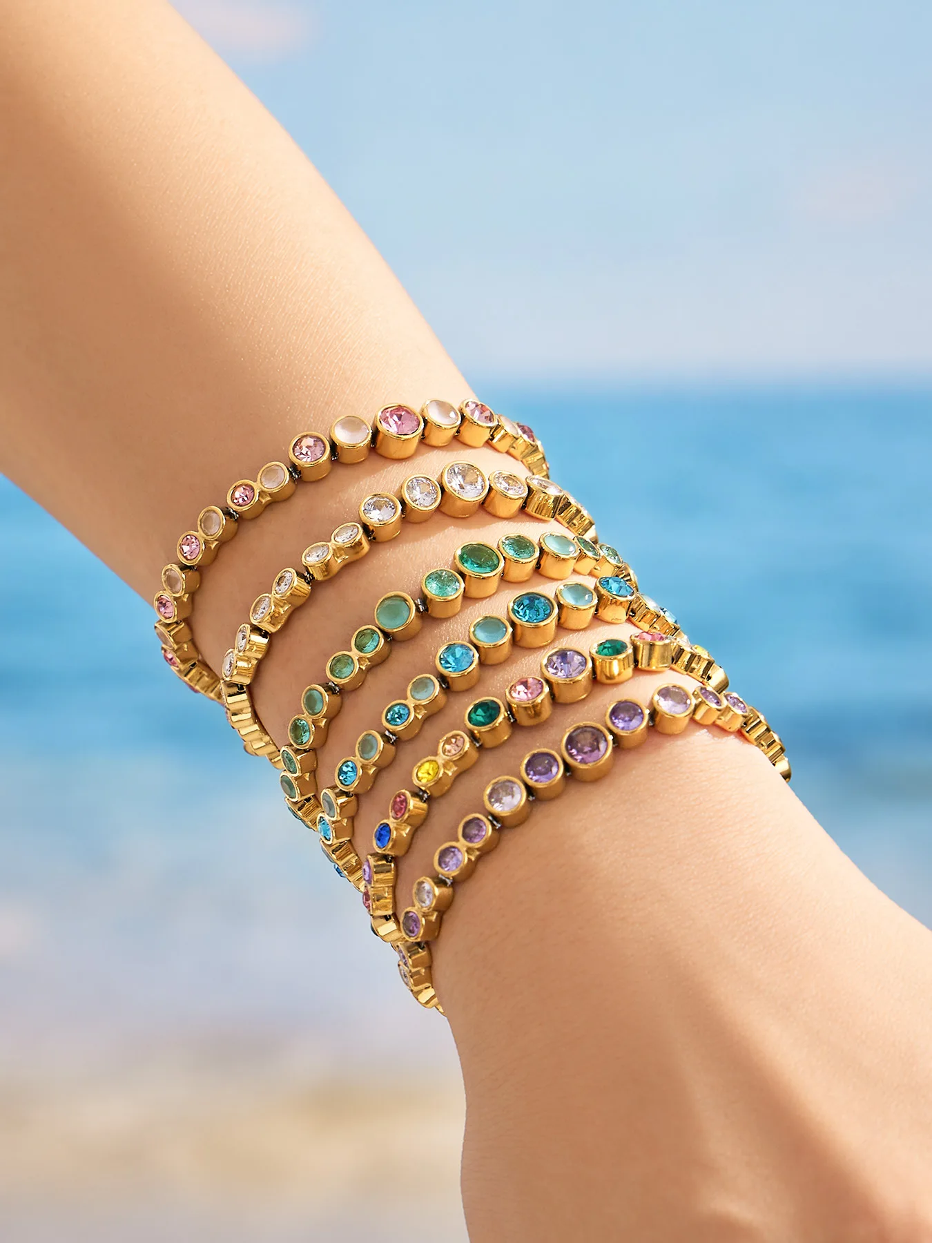 Boho Farbiger Zirkon Tennis-Schmuckset für Damen 18K Vergoldetes Edelstahl Farbverlauf Runde CZ Halskette Armband Ohrringe – Detail 4