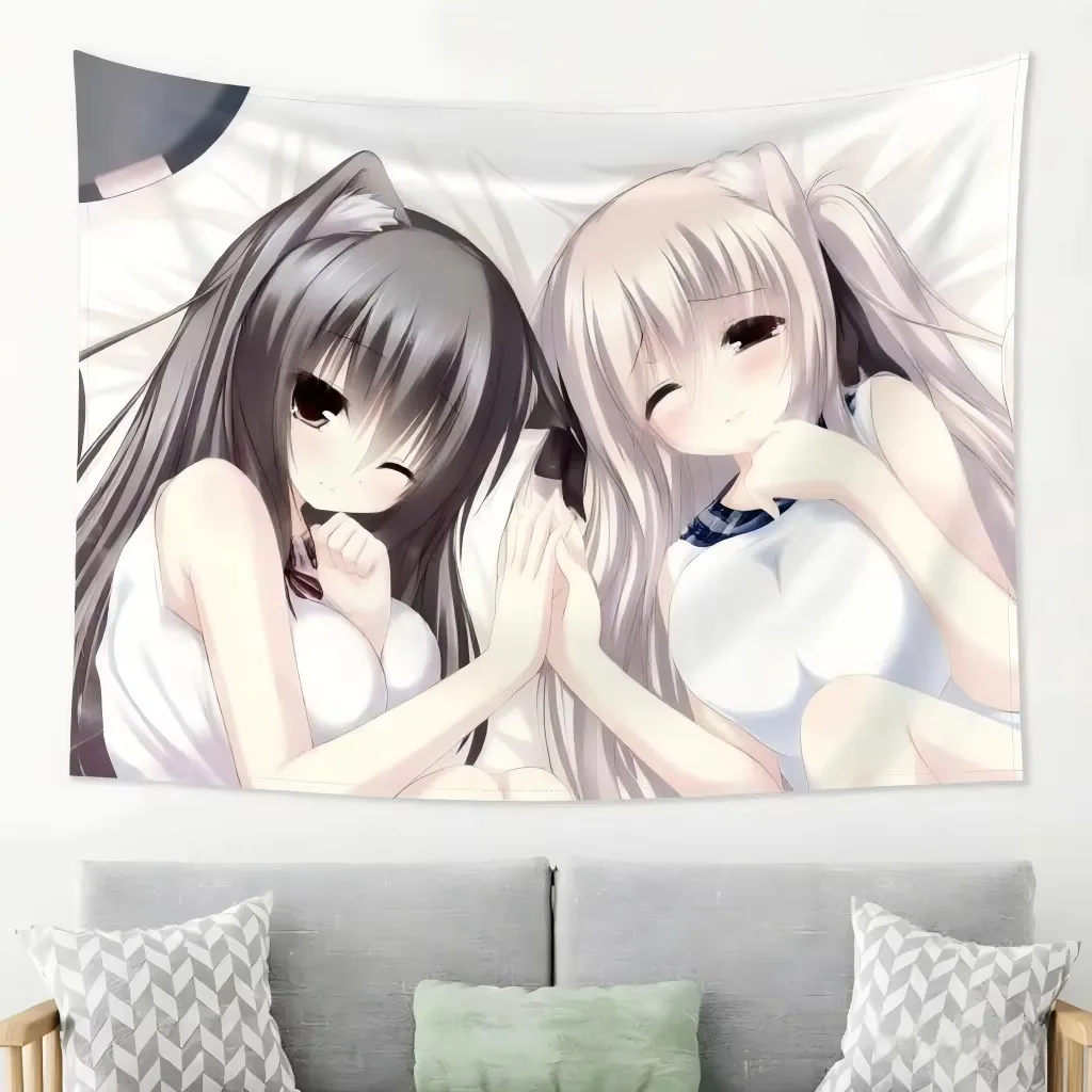Black White Cat Ears Nekomimi Tapestry, Kawaii Anime Girl Wall Hanging Aesthetic Decor for Bedroom Dorm Living Room