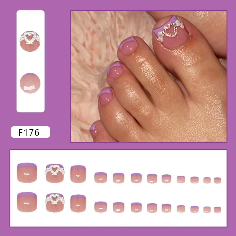 

24pcs French-style toenail tips with heart-shaped sparkling diamonds fashionable and sweet Instagram-style press-on nail tips