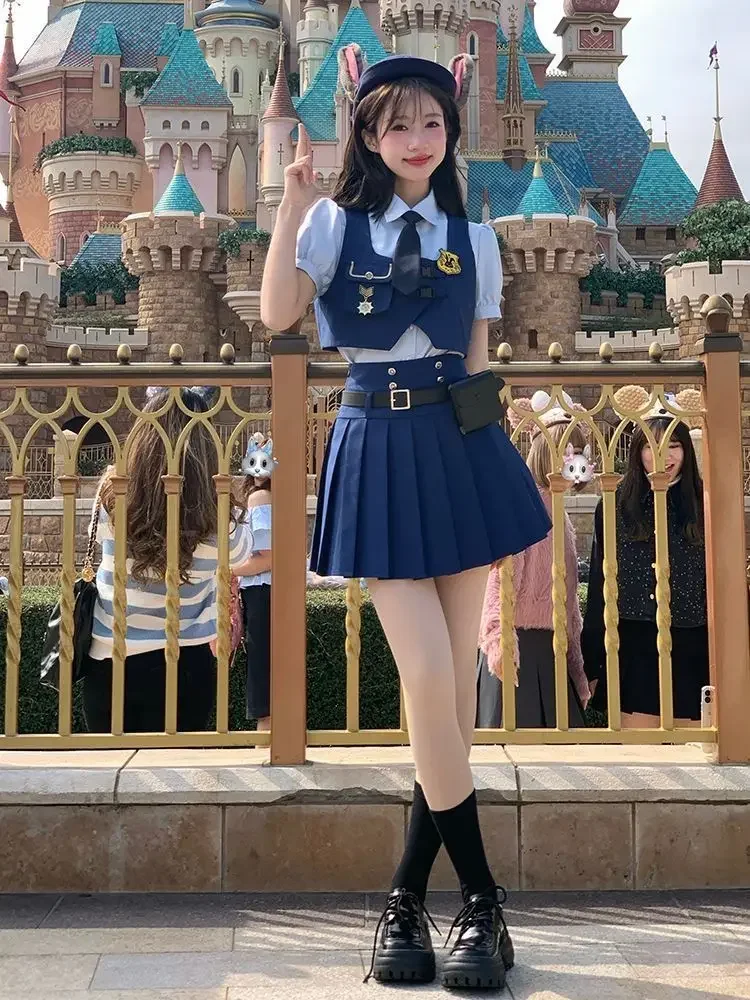 Summer Academy Style JK Uniform Skirts Set Bubble Sleeve Shirt+Vest Cardigan+Pleated Skirt Spicy Girl Three Piece Set Women