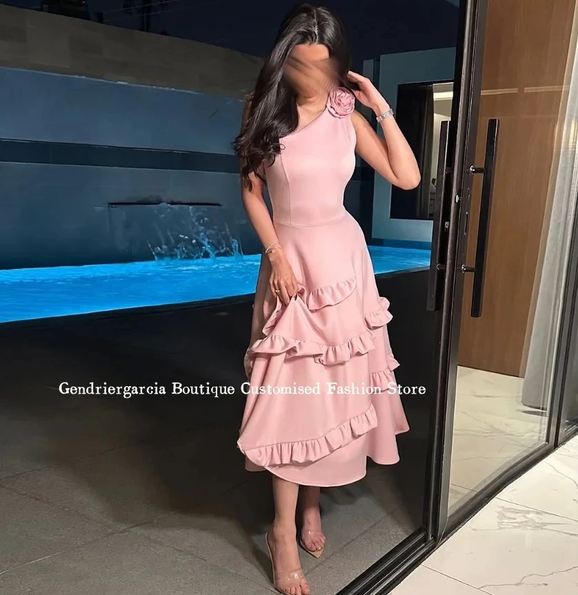 Gaun Prom Pesta Bunga Merah Muda Elegan Gaun Prom A-Line Pertunangan Ruched Ruffles Wanita Lengan Satu Bahu Mode Kustom