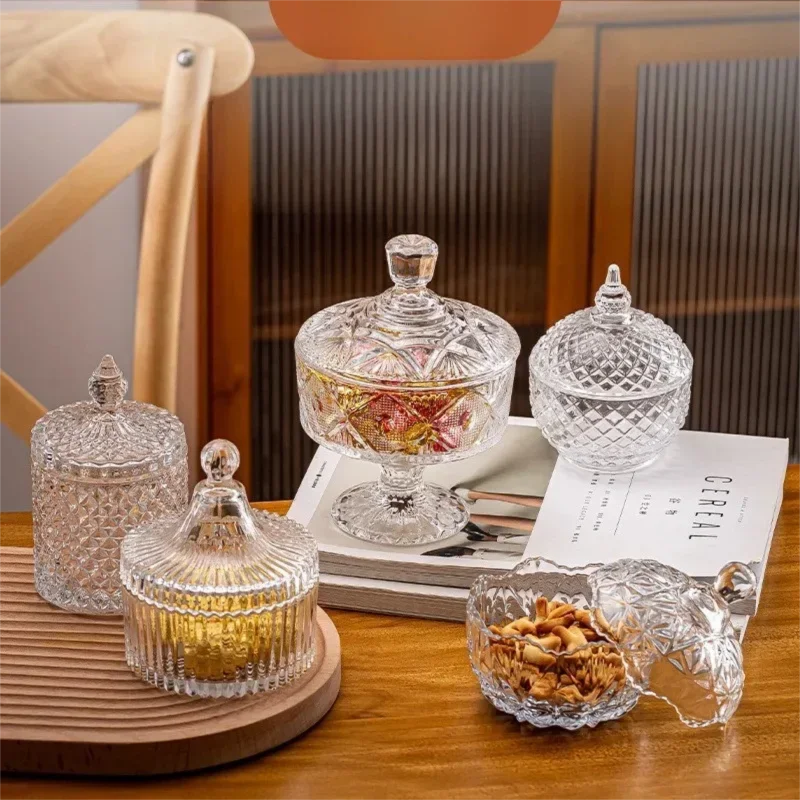 Vintage Embossed Crown Glass Candy Jar with Lid European Luxury Crystal Jewelry Storage Box Nut Snack Container Wedding Decor
