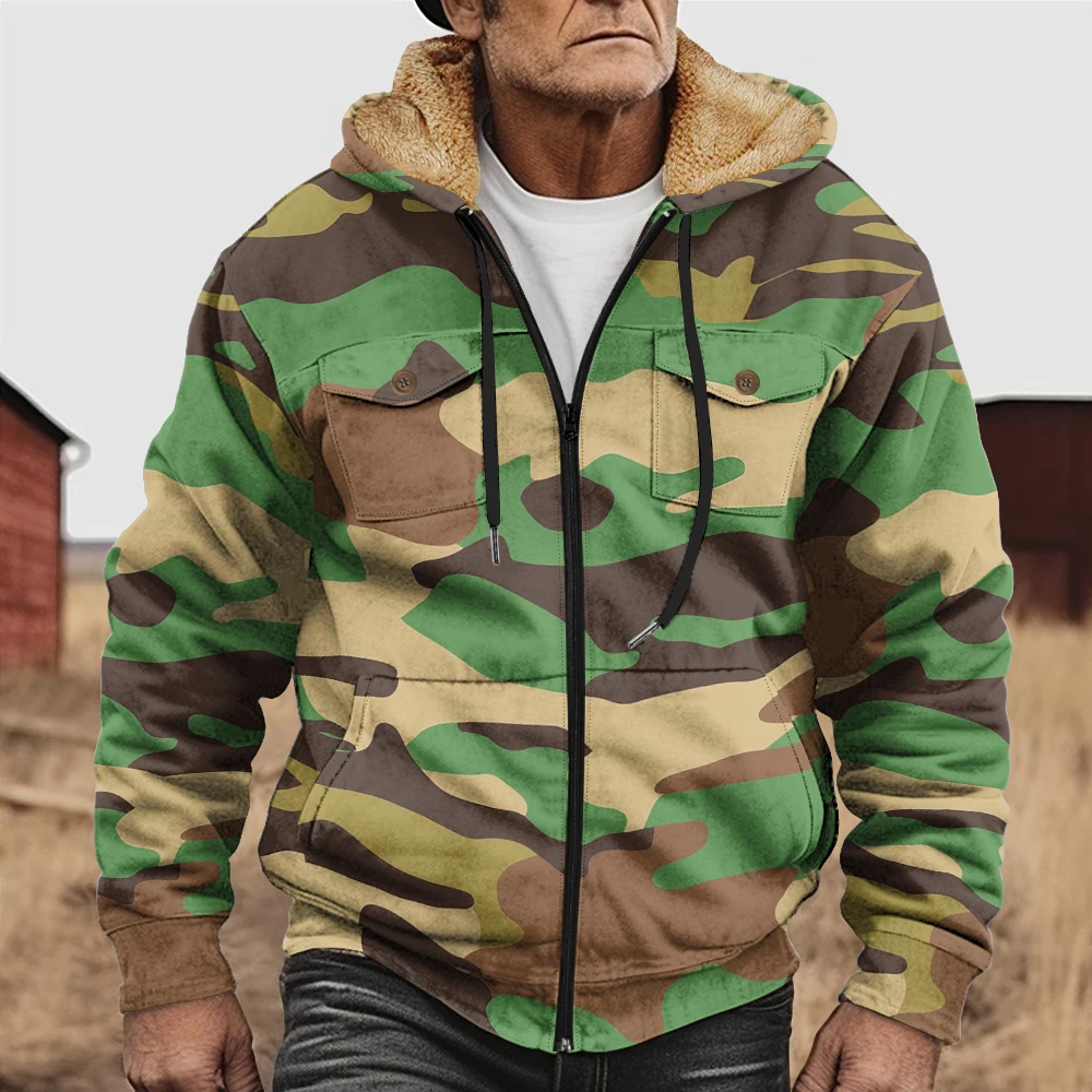 Men Winter Urban Tactical Camo Hooded Parka Jackets Coats Print Zip-Front Button Pockets Hunting Farmer Streetwear Outerwear