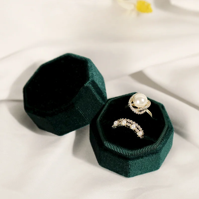 5 Pcs Fashion Octagonal Velvet Single-Ring Double-Ring Case Luxury Design Jewelry Gift Box Wedding Ring Packaging & Display Box