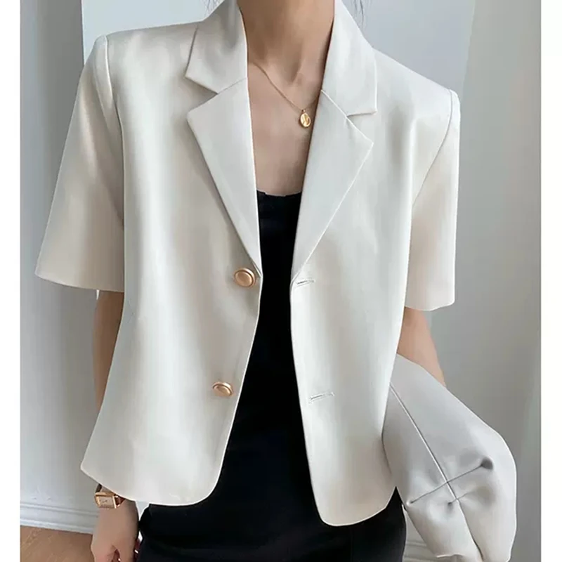 Women Suit Jacket Solid Casual Loose Short Sleeve Button Female Coat Korean New Office Commuter V Neck All Match Ladies Jacket