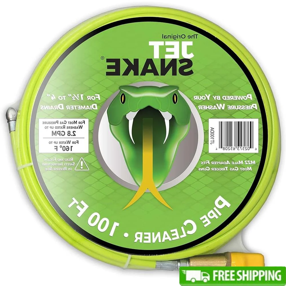 

100FT Sewer Jetter Hose Flexible Steel Braid Gas Pressure Washer Compatible 2.0-2.8GPM Heavy Duty Drain Cleaner Nozzle Grease