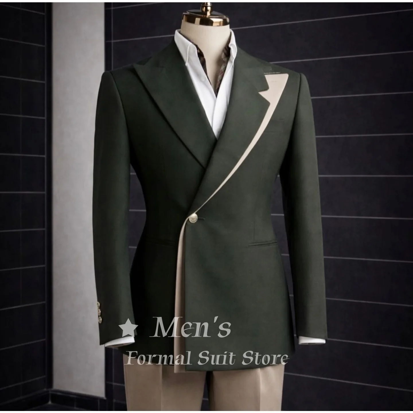 Men's Dark Green Contrast Lapel One Button Blazer Slim Fit Formal Business Casual Jacket Wedding Prom Party Suit Coat Customized