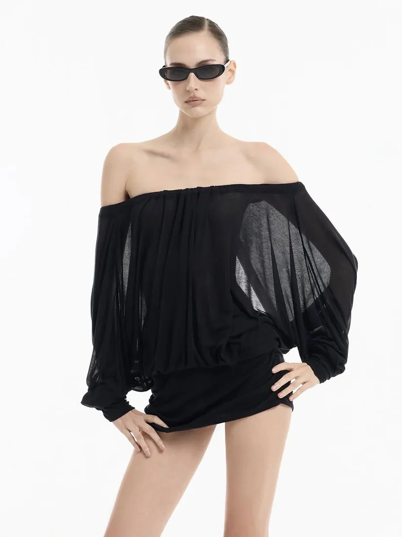 2026 New Summer Women Sheer Mesh Off Shoulder Long Sleeve Dress Sexy Flowy Draped Slim Fit Maxi Gown Elegant See through Dress