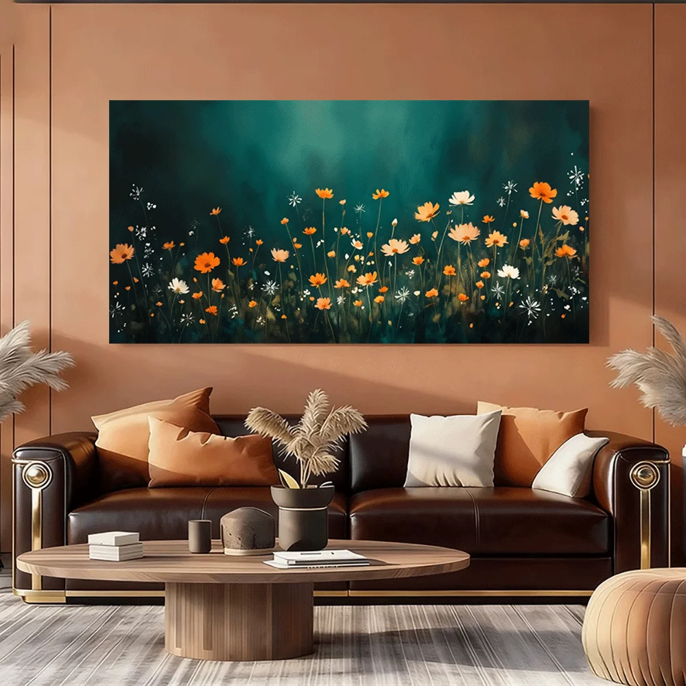 1pc frameless Canvas Painting 1PC-Canvas poster Unframed Floral Field Art Print Modern Wall Decor Orange White Flowers Green Bac