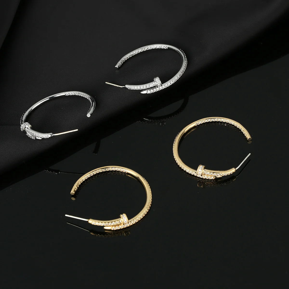 925 Silver Luxury Nail Hoop Earrings for Women, Gold Plated CZ Stud Dangle Earrings, Daily Party Jewelry