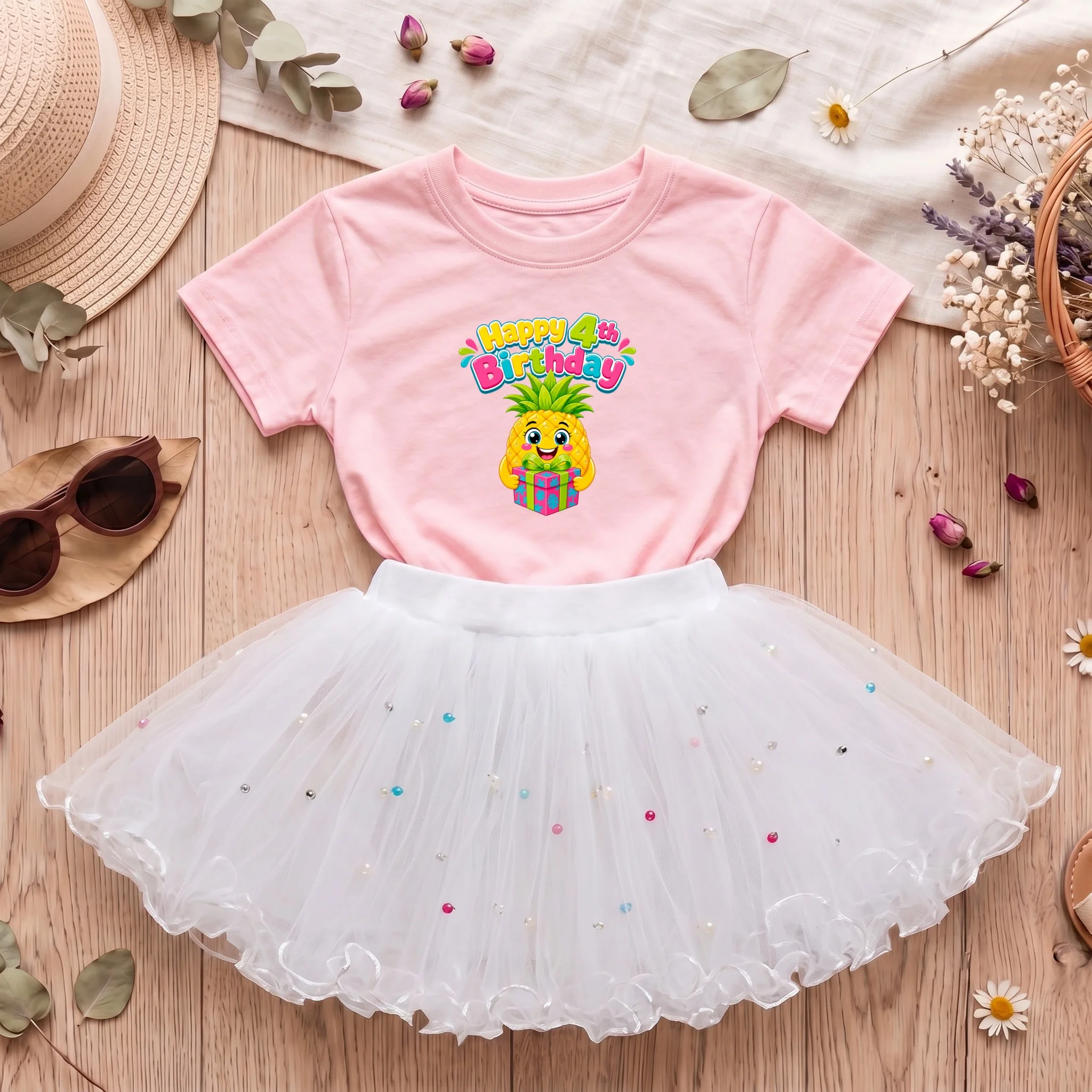 3-7 Jahre Geburtstagsparty Mädchen Sommer-Kostüm Ananas Süßes T-Shirt Flauschiger Tutu Kurzer Rock Kleinkinder 2-teiliges Outfit Kleider