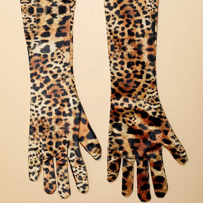 Fashion Leopard Print Gold Velvet Dinner Dress Gloves Halloween Makeup Party Opera Stage Full Finger Long Women\'s Mittens S105