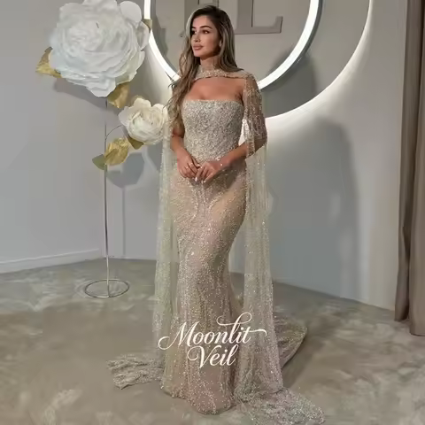Moonlit Veil Customized Champagne Long Cape Sleeve Evening Dress New Luxury Mermaid Party Gown Two Pieces Sparkly Prom Dress