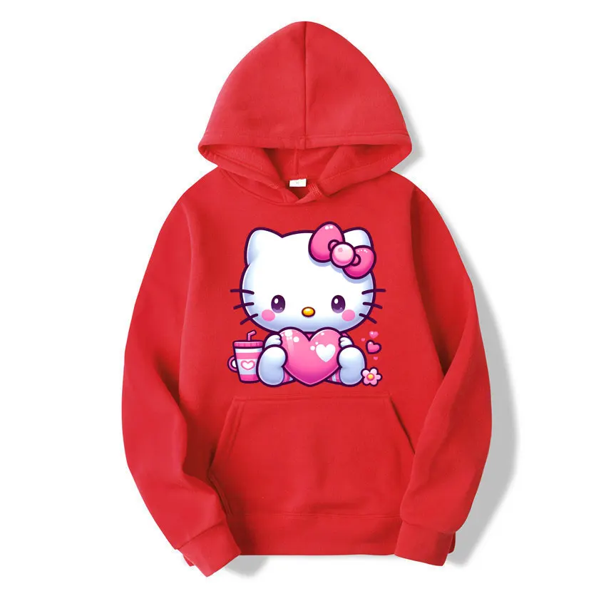 2024 New Fashion Women Hoodie Hello Kitty Heart Cartoon Anime Men Pullover Spring Autumn Pink Couple Sweatshirt Clothes Tops