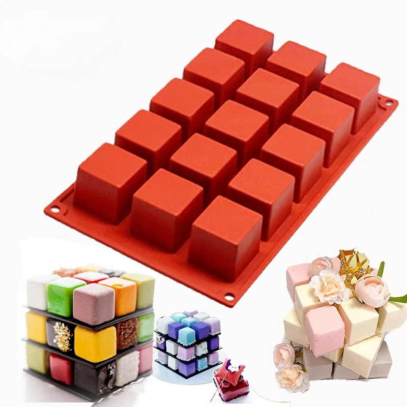 15Cavity Magic Cube Splice Cake Square Brownie Molds Mousse French Dessert Jelly Pudding Soap Candy Pastry Mold Cake for Baking