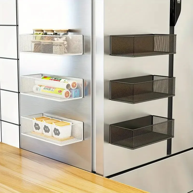 Magnetic Wall-Mounted Shelf with Magnetic Locking System,Heavy-Duty & White/Black Mesh Doors-Free Storage Shelf for Refrigerator