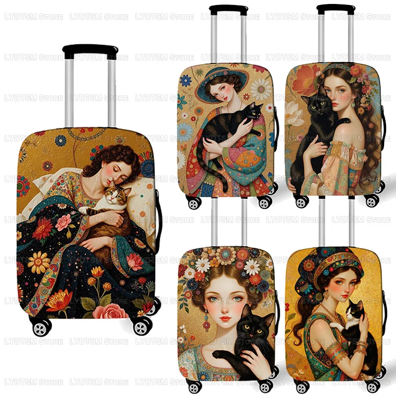 

Elegant Lady Holding Cat Luggage Cover for Travel Klimt Inspired Oilpainting Anti-dust Suitcase Covers Protective Covers