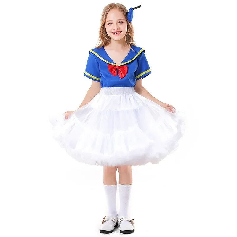 Children Girls Cartoon Duckling Dance Fluffy Skirt Red Tie Set Blue Short Sleeved Sailor Suit Kids Halloween Costume