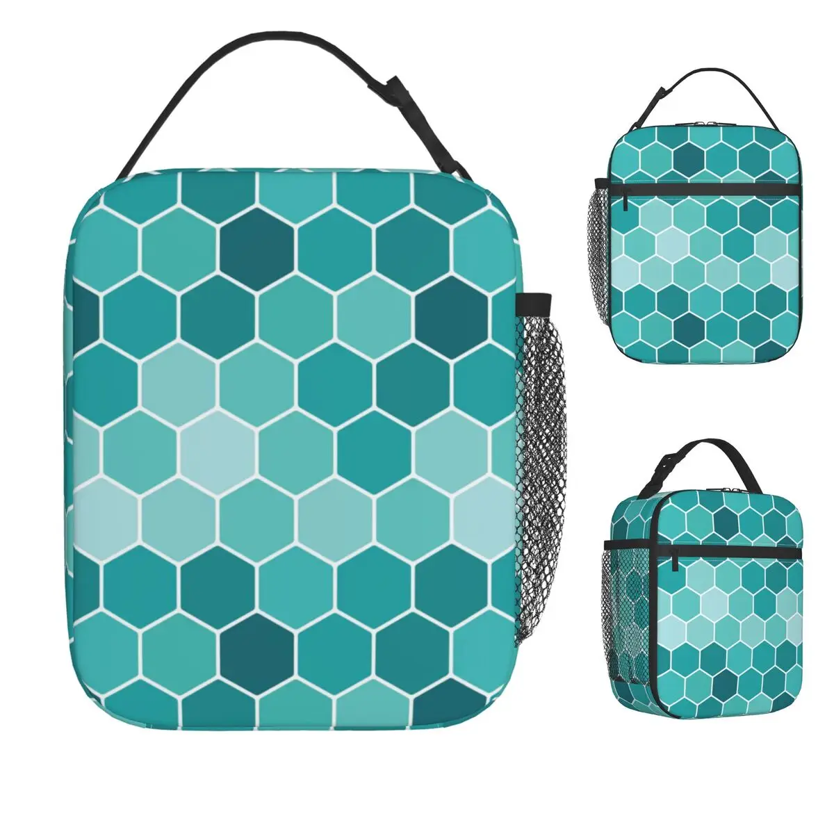 Turquoise Honeycomb Pattern Lunch Bag Portable Lunch Box Office Print Cooler Bag Casual Waterproof Thermal Tote Handbags