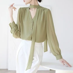 Autumn Elegant Fashion Aesthetic Commuter Chic Shirt Women Solid Color V Neck Drawstring Three Quarters Sleeve Button Casual Top