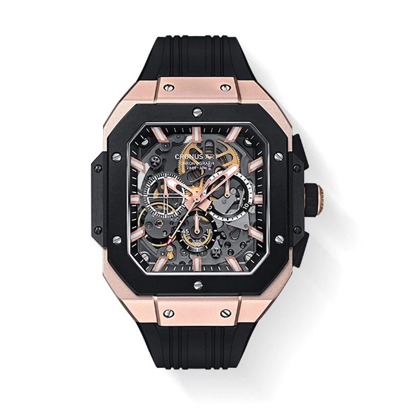 CRONUSART Men Automatic Watch Chronograph Luxury Retangle Mechanical Wristwatch Carbon Steel Case Luminous Fluororubber Strap