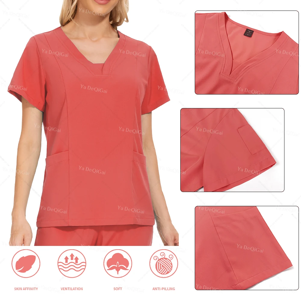 Veelkleurige Schoonheidspakken Voor Verpleegkundige Uniformen Met Korte Mouwen V-Hals Tops Zakbroek Verpleegster Scrubs Set Medische Klinische Kleding